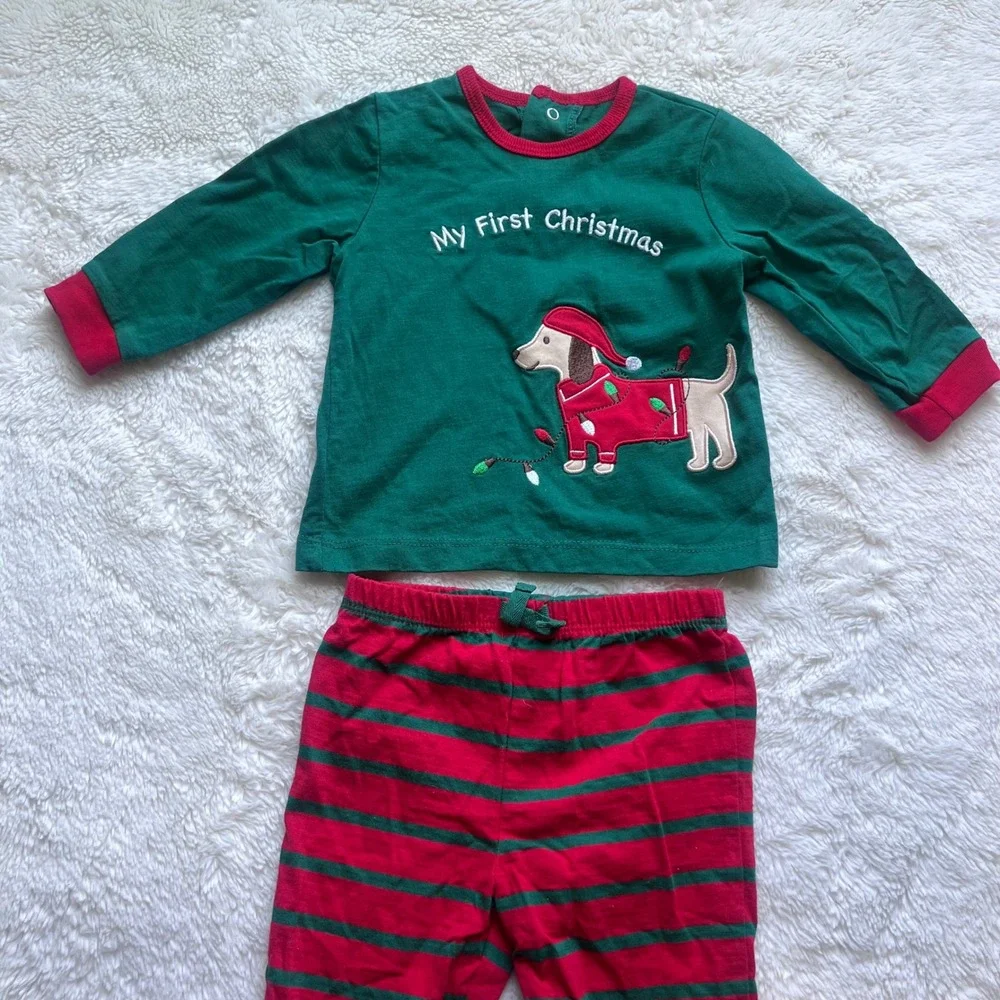 Carters‎ My First Christmas Dachshund Pajama Set Green Red Striped Size 9M